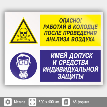 Знак «Опасно - работай в колодце после проведения анализа воздуха. Имей допуск и средства индивидуальной защиты», КЗ-40 (металл, 400х300 мм)